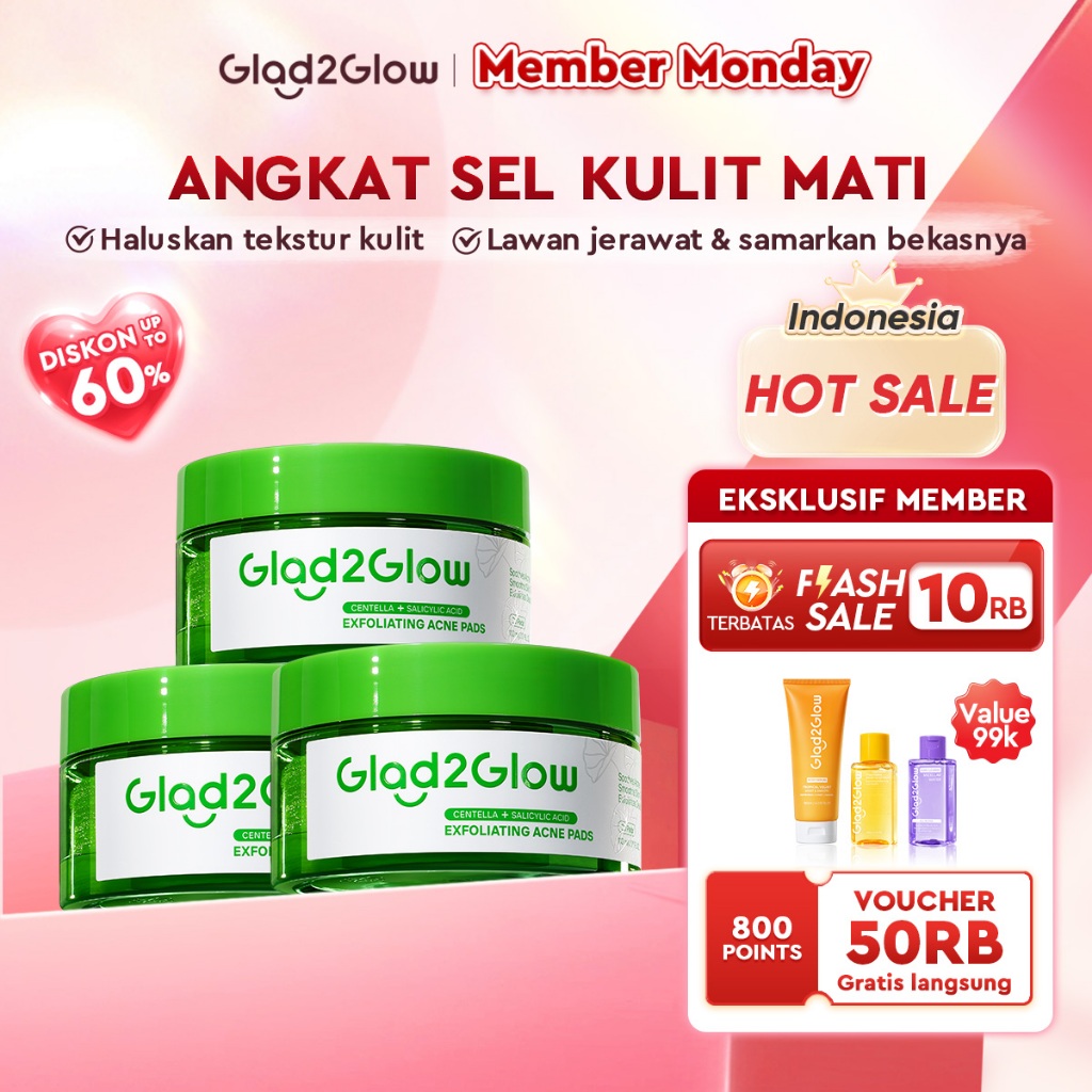 Glad2Glow Centella Salicylic Acid Exfoliating Acne Toner Pads Gentle Eksfoliasi Kulit Jerawat Kulit 