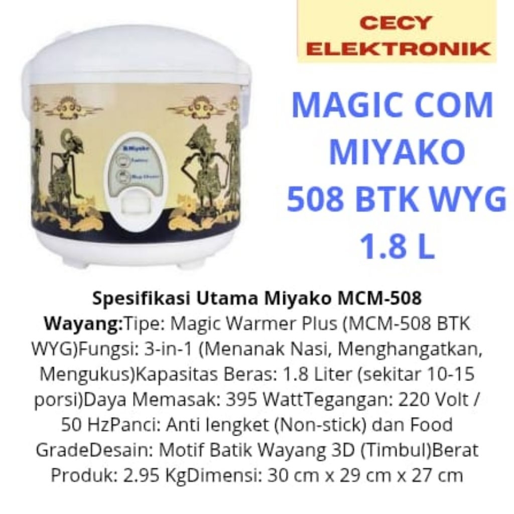 M.COM MIYAKO/RICE COOKER/PENANAK NASI MIYAKO TYPE MCM-508 BTK WYG 1.8 LITER