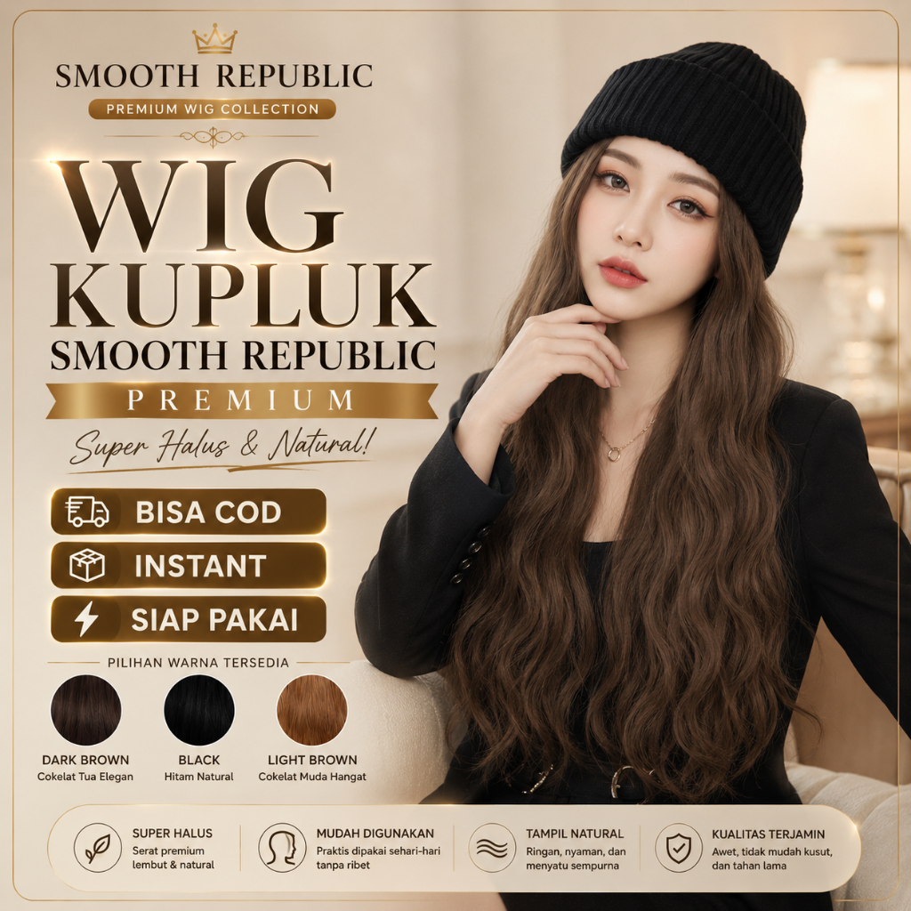Wig Topi Kupluk Wanita Panjang Bergelombang Gaya Korea Natural