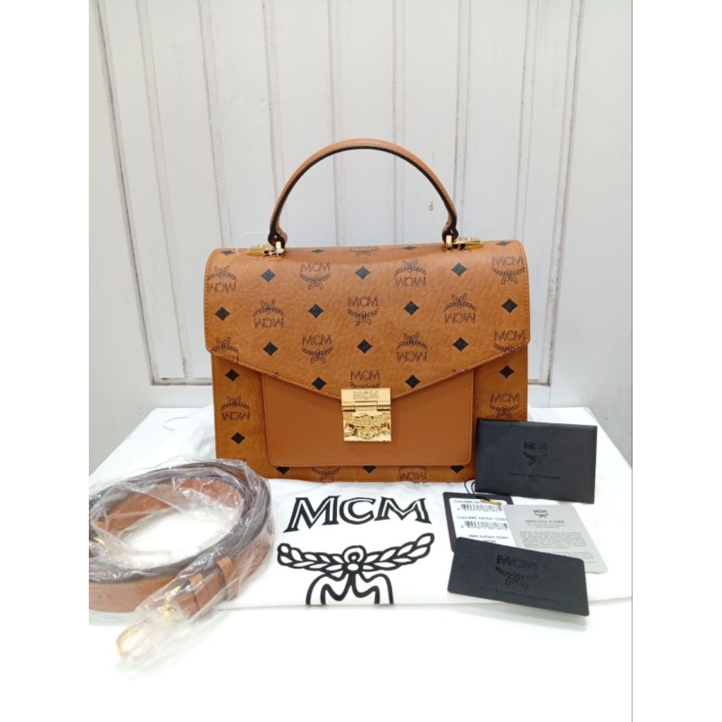 EXCELLENT MCM PATRICIA SATCHEL VISETOS COGNAC MEDIUM