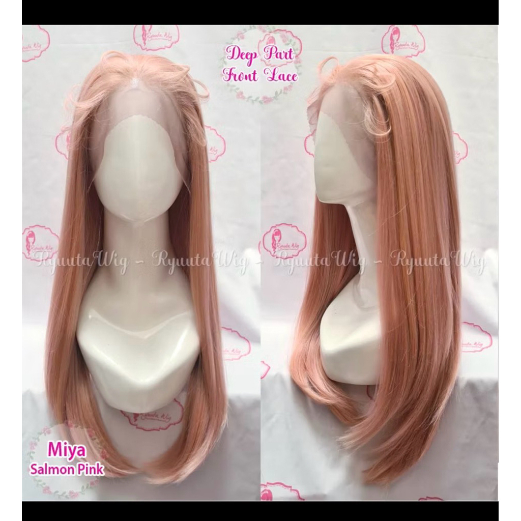 preloved Ryuuta Wig Half Lace Wig Free Parting Deep Part Long Straight Miya Salmon Pink