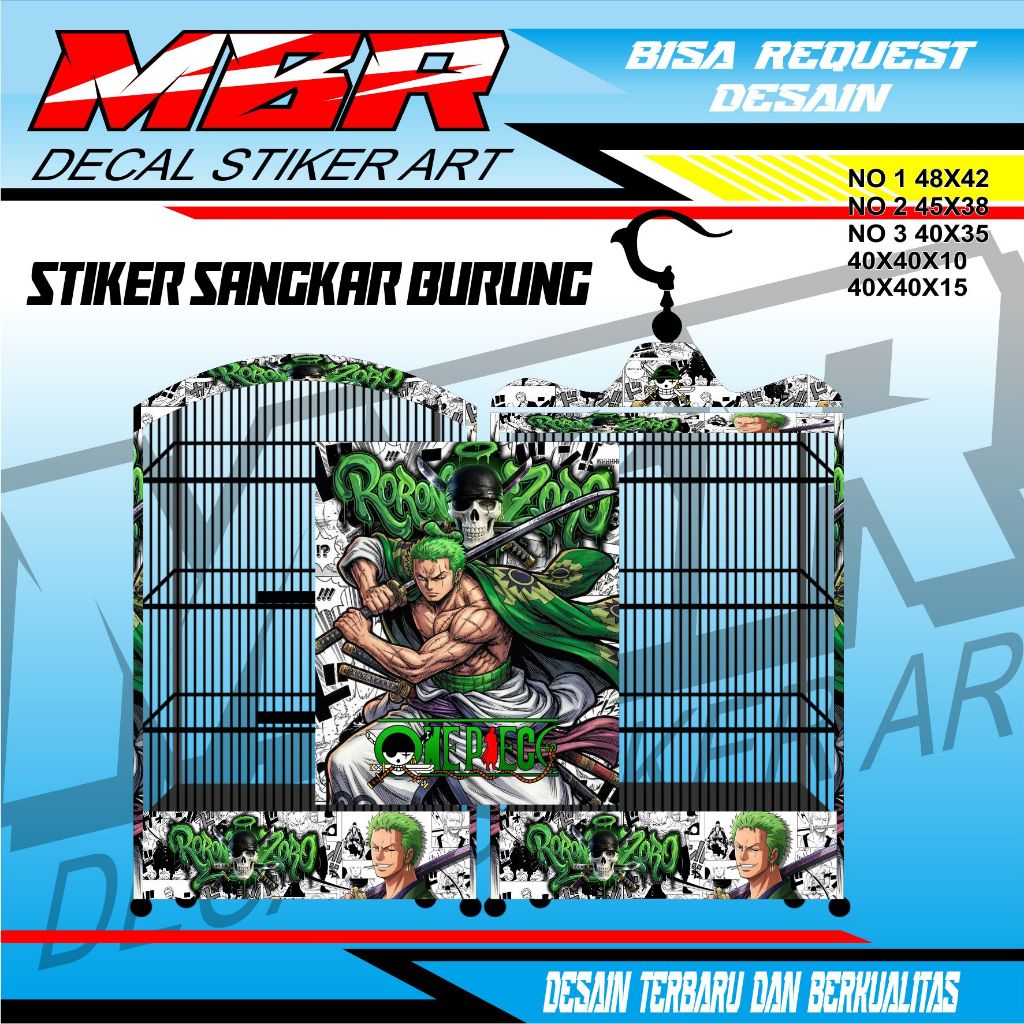MBR.. Decal stiker sangkar burung motif gambar rorona zoro, decal stiker sangkar kotak, koper,kosan