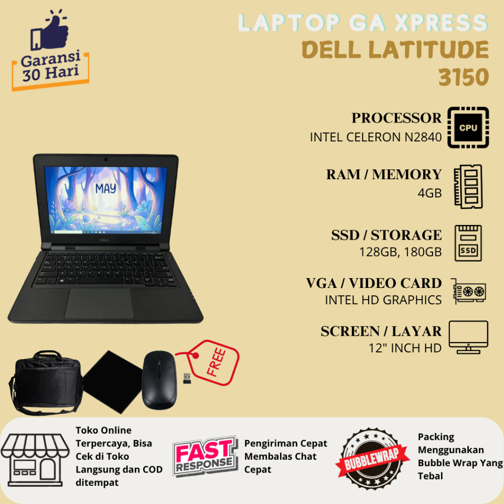 DELL Latitude 3150 Intel Celeron N2840 Layar 12" Inch HD RAM 4GB SSD 128GB, 180GB