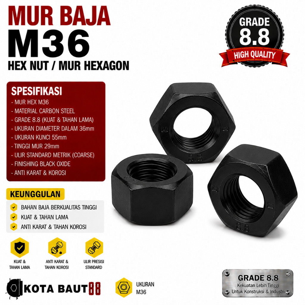 Mur Baja M36 / Mur Hex M36 / Mur Hexagon M36 / Mur M36 / Hex Nut M36 Grade 8.8