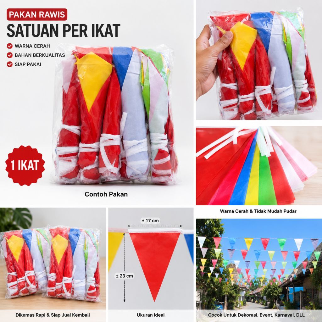 Rawis Banner Segitiga Agustusan Warna Warni & Merah Putih Satuan Per Ikat Karnaval Dekorasi 17 Agust