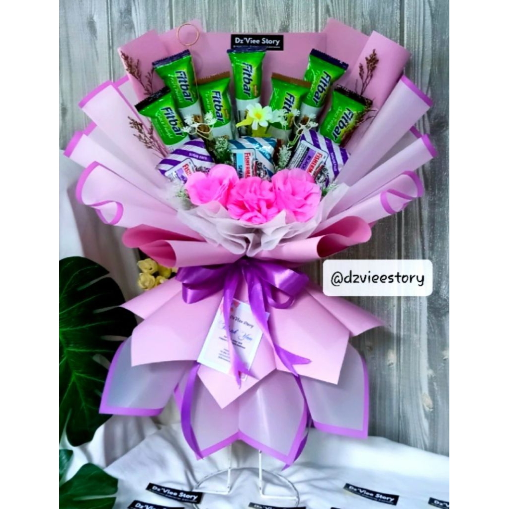 Buket Snack Fitbar Premium Estetik | Bouquet Snack Pink Ungu Hadiah Wisuda Ulang Tahun Anniversary