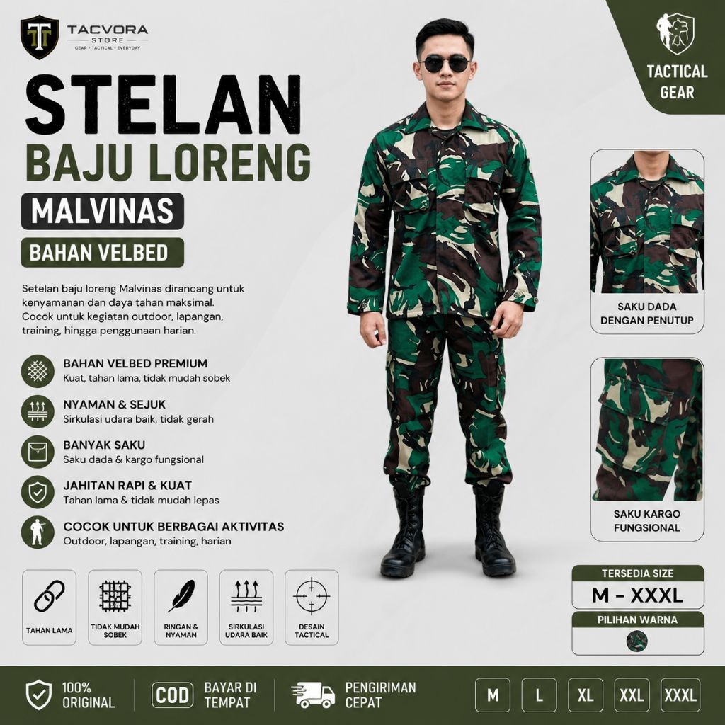 Setelan Baju PDL TNI AD Loreng Malvinas Bahan Velbed Premium Anti Air - Seragam Tempur Lengkap