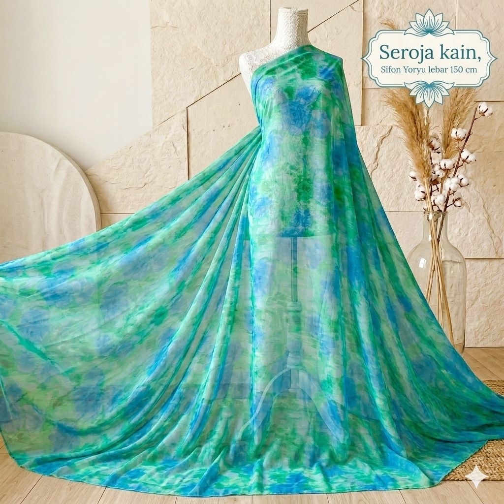 Seroja -Kain Sifon Ceruty Yoryu Motif Premium Lebar 150cm - Bahan Gamis Jilbab Tunik Import - Seroja