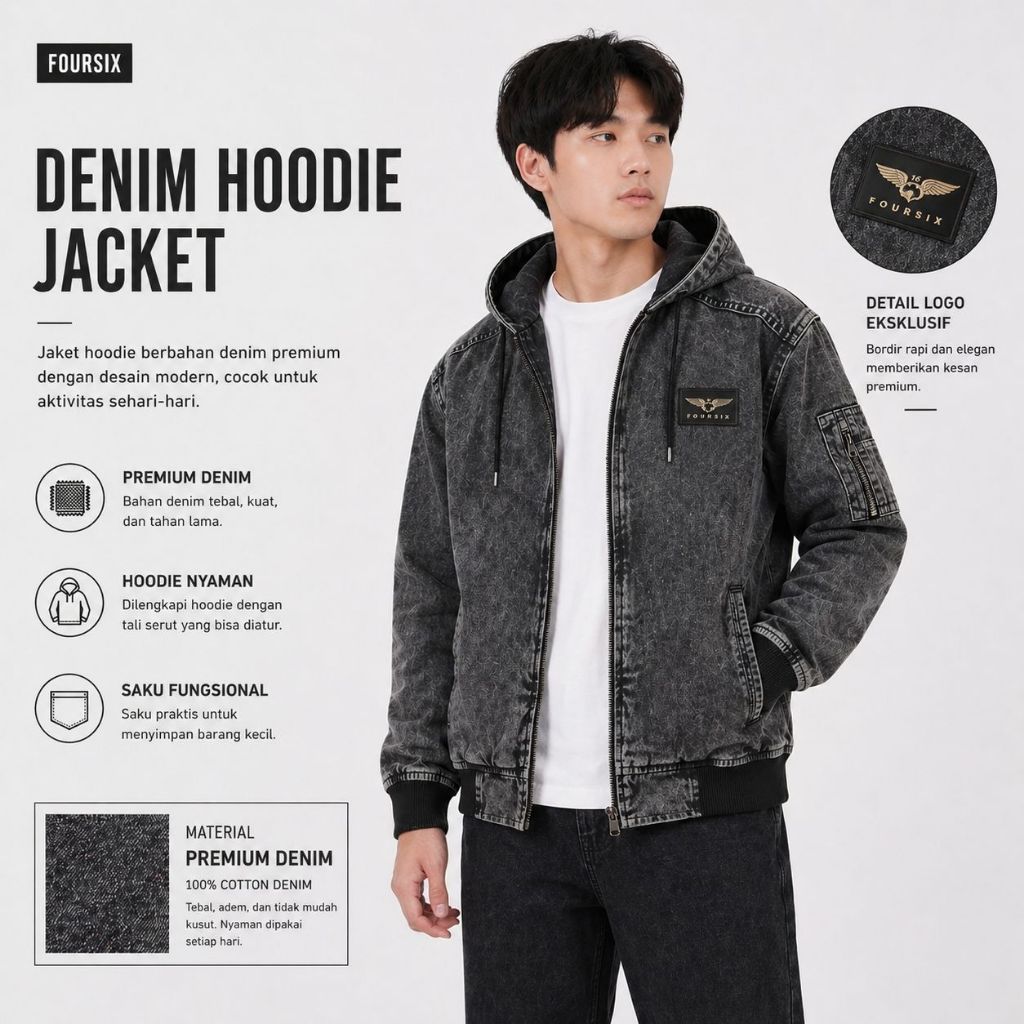 Jeans Pria Bomber Jaket Jeans Pria Bomber Ziper/Resleting Kupluk/Topi abu sandwash Bomber Ziper/Resl