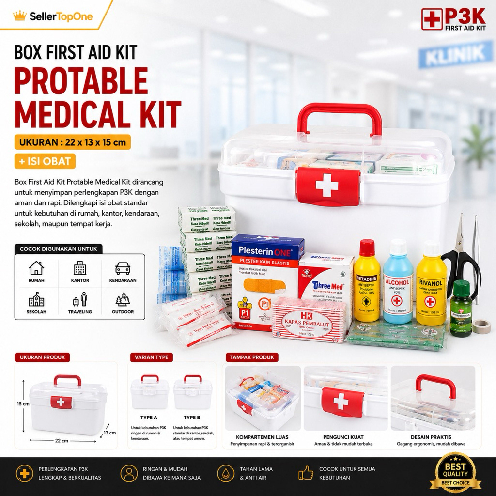 Kotak Box P3K First Aid Kit Medical Kit + Isi Obat P3K Lengkap Sesuai Standar