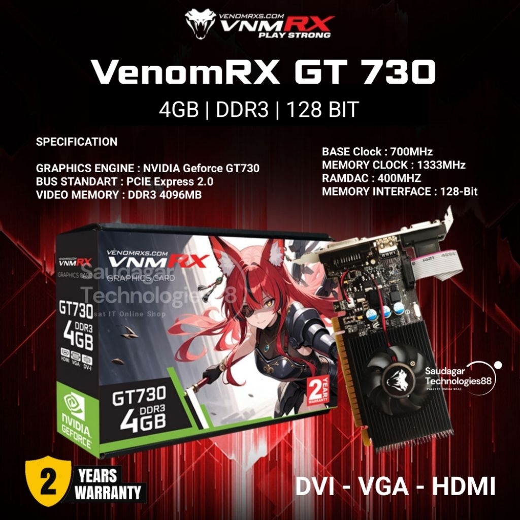 VGA VenomRX GT730 4GB DDR3 128BIT NVIDIA Geforce GT730 4GB VGA GAMING 4GB 128BIT