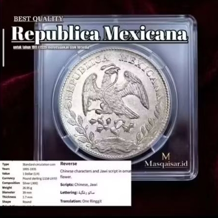 Koin Perak MEXICANA Republica 1893 Best Quality