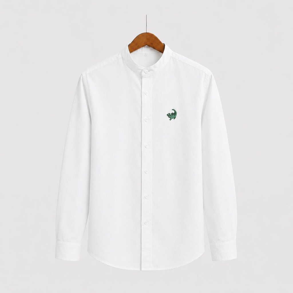 Kemeja Putih Kerah Sanghai Pria Polos Formal Kasual Bahan Katun Tuwil Import Baju Koko Terbaru