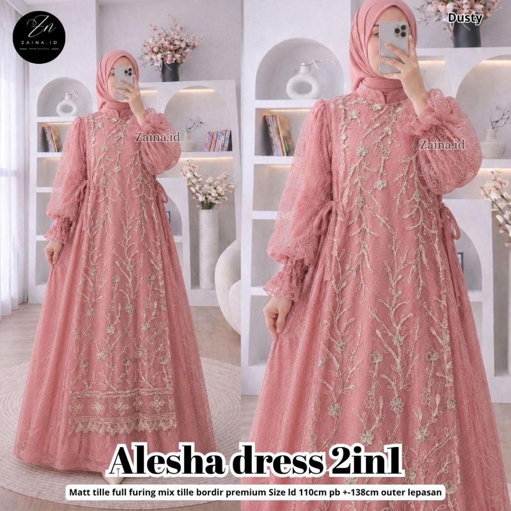 Alesha Dress 2in1 by Zaina. Id- dress tile full furing tile bordir premium - gamis wanita model terb