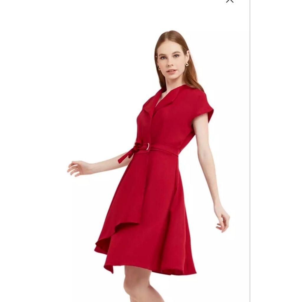 Zura Belted Red Dress | Dress midi wanita | Dress Merah Elegan