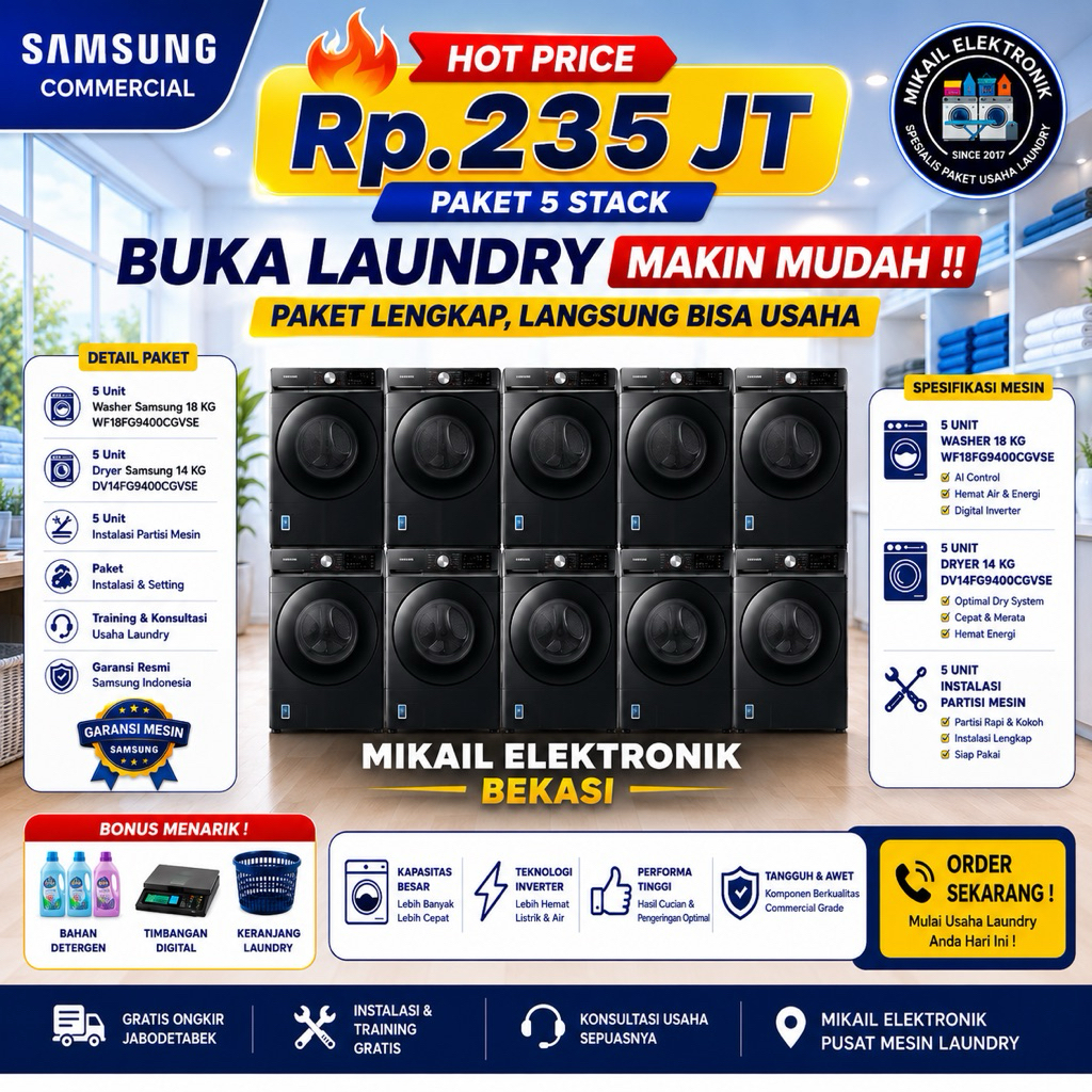 PAKET LAUNDRY SELF SERVICE MESIN CUCI & DRYER SAMSUNG KOMERSIAL TAPCARD SYSTEM / QRIS