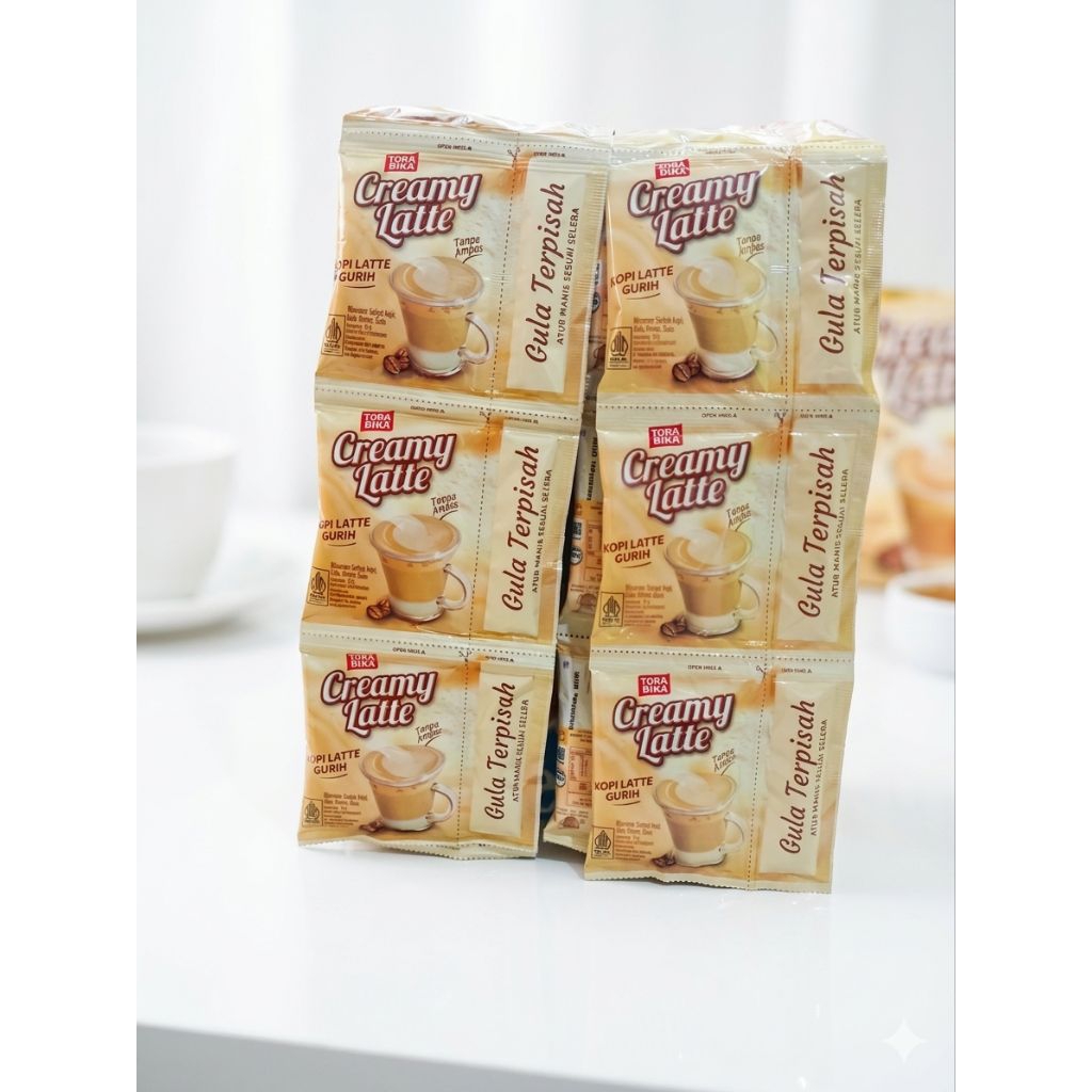 Kopi Tora bika creamy latte tanpa ampas 1 renteng isi 10 sachet (10x18g) gula terpisah / creamy latt
