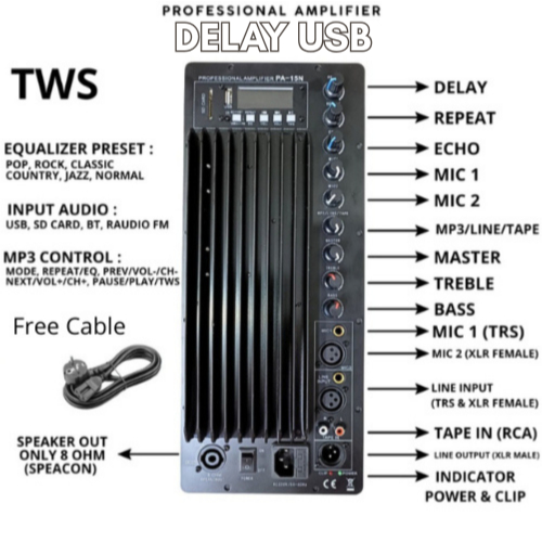 MESIN SPEAKER AKTIF 15 INCH POWER KIT PA-15N UKURAN 16 x 38 CM bluetooth free cable