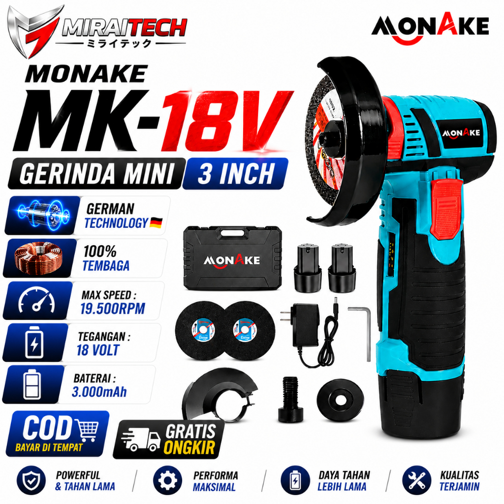 DISTRIBUTOR RESMI | MK-18S Angle Grinder Mini 19.500rpm 18v  3000rpm | Monake Angle Grinder Mini 3in