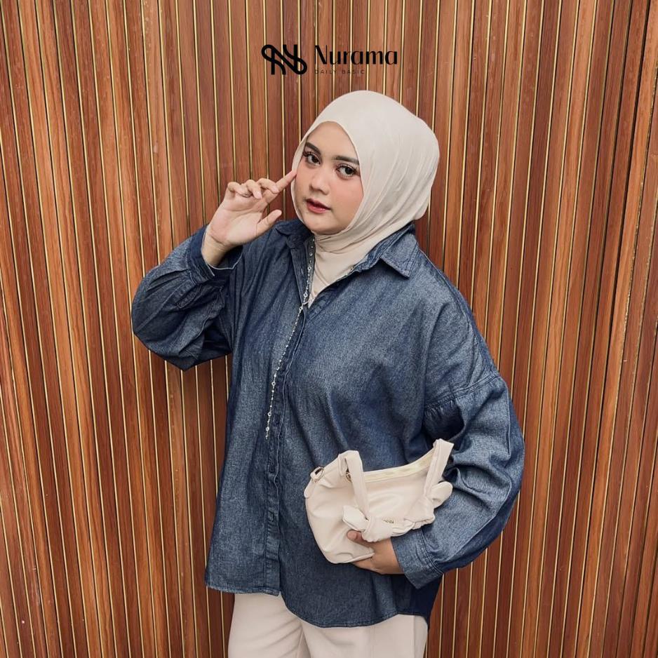 Nurama Nuha Kemeja Oversized Jeans Denim Soft Long Sleeve Blouse Shirt Wanita - A34B DNM