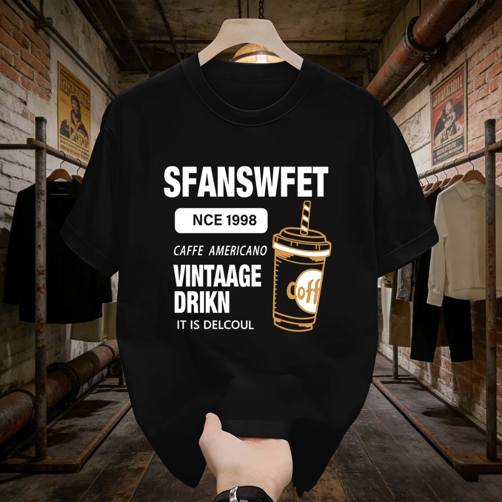 Kaos Pria Distro 100% Katun Motif Gelas Kopi Vintage Keren Hitam Putih
