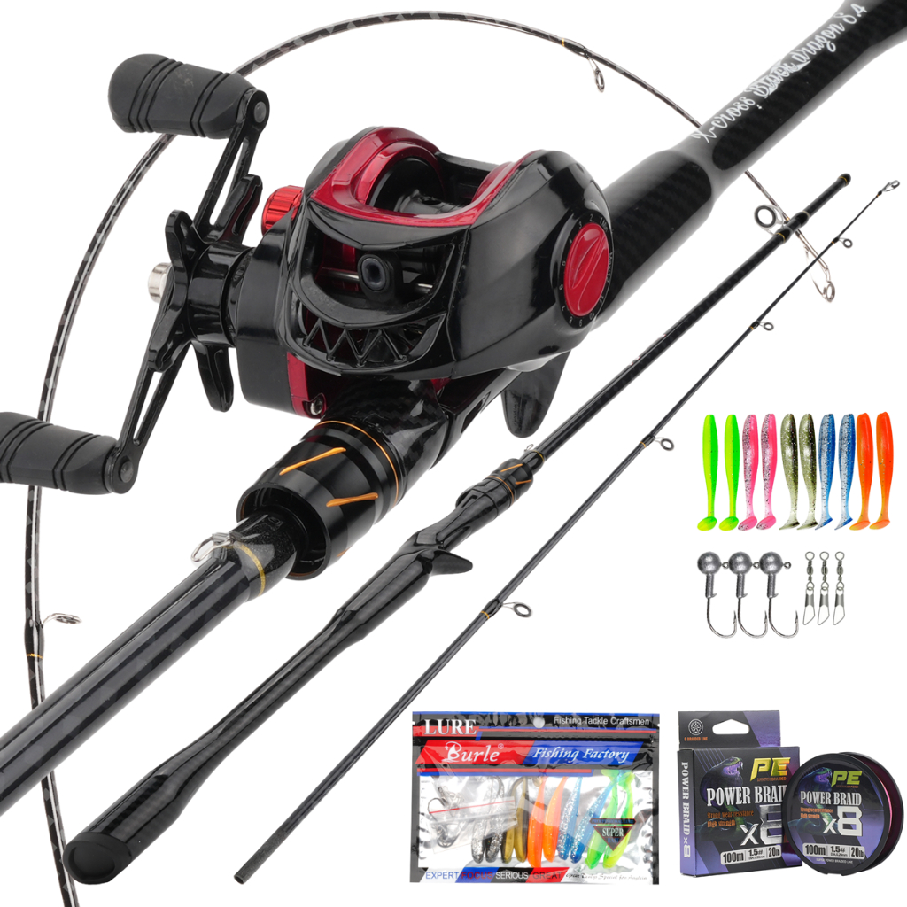 SET Alat Pancing Casting Lengkap Joran Carbon X-Cross Black Dragon Reel Baitcasting BC 18+1BB Senar 