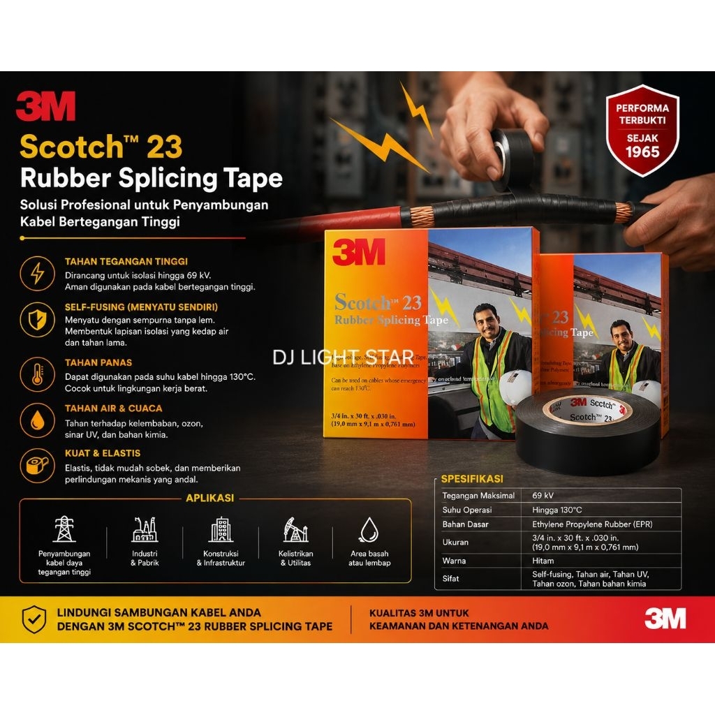 ISOLASI LISTRIK 3M SCOTH 23 / 3M ISOLASI LISTRIK SCOTH 23 RUBBER SPLICING TAPE