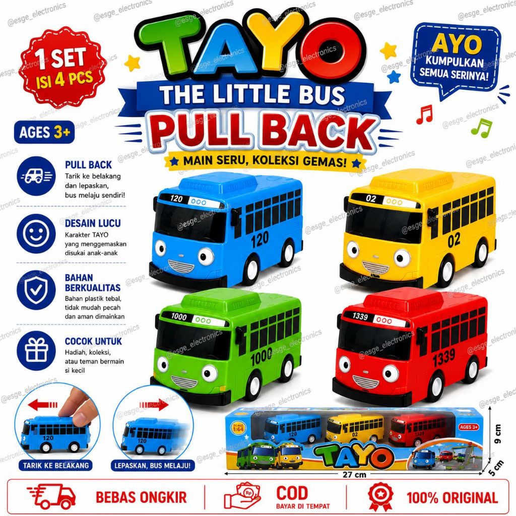 ESGE MAINAN BUS TAYO SET 4 PCS MAINAN MOBIL TAYO PULL MINI TRAIN MAINAN ANAK SET 4PCS