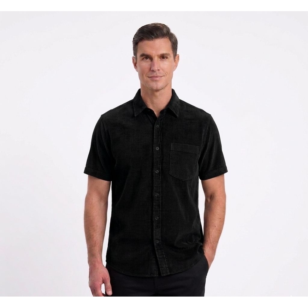 KEMEJA POLOS PENDEK HITAM CORDUROY