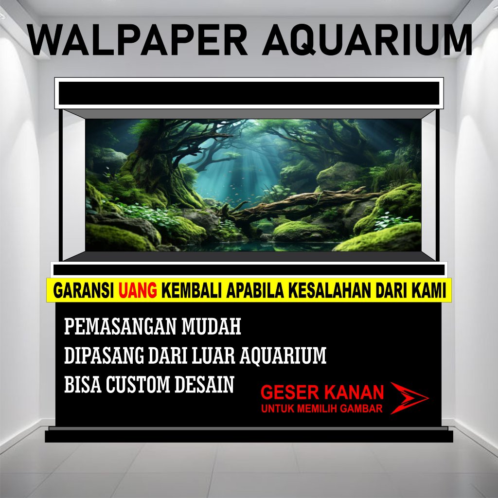 beground aquarium, background wallpaper aquarium belakang 3d, hiasan aquarium air terjun hutan