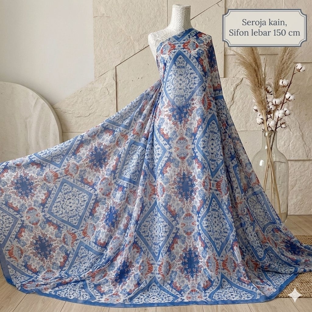 Kain Sifon Ceruty Motif Bunga Biru / Bahan Dress Gamis Jilbab Printing Kyt