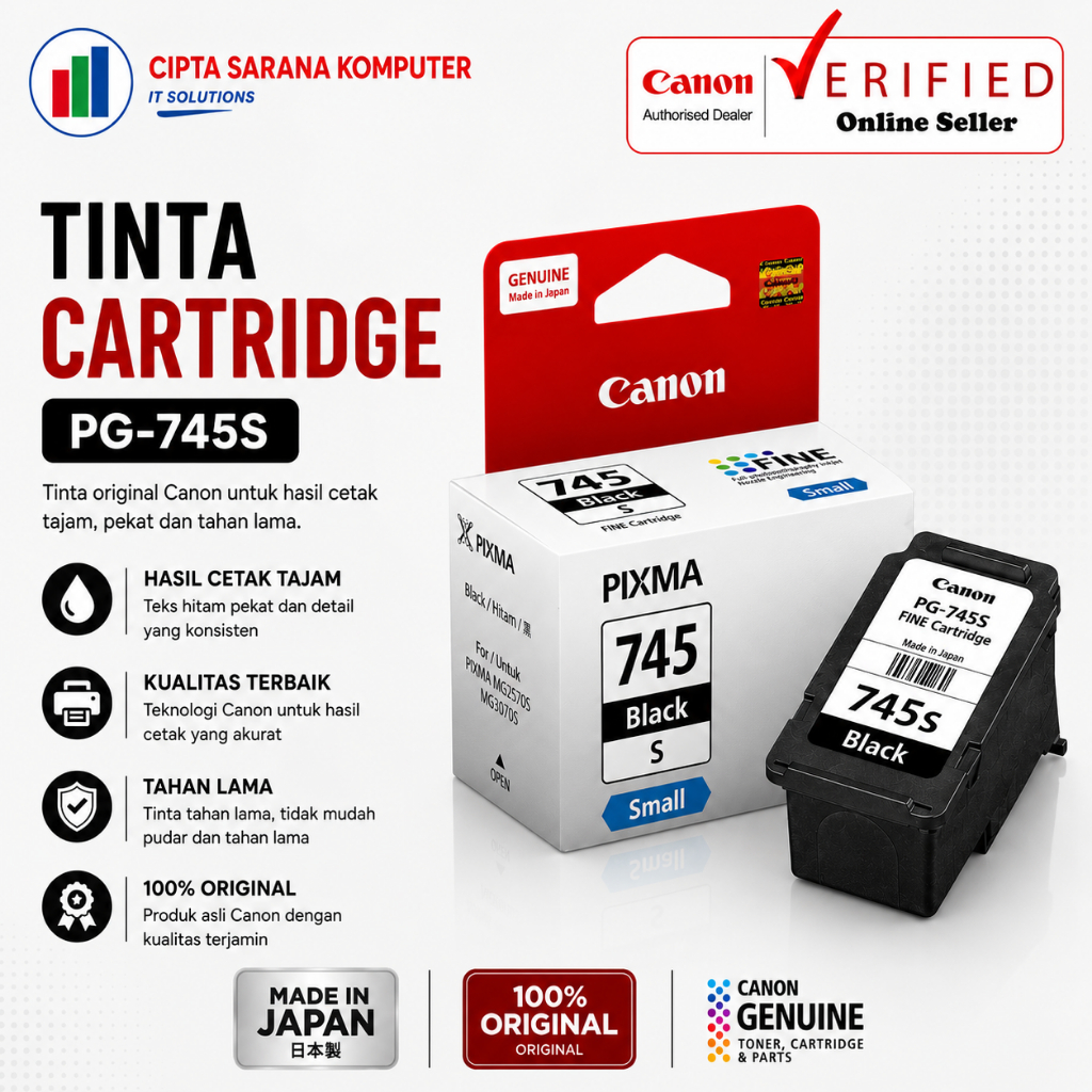 Tinta Canon 745 Small Black PG745s Tinta Canon MG2570s TS207 TS307 TS707 TR4570s TR4670s Tinta Cartr