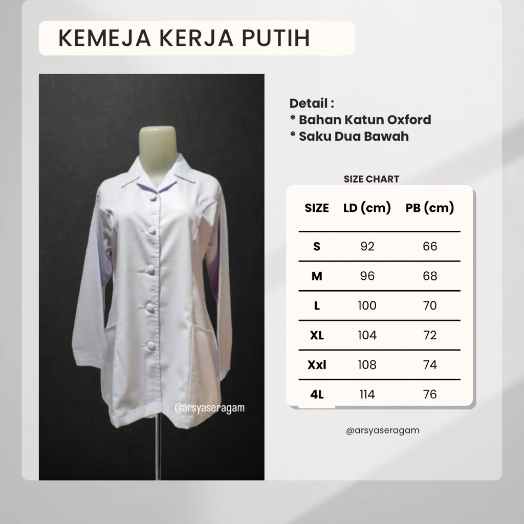 Anekaseragam| Kemeja PDH Putih Katun Tebal Adem Tidak Terawang Seragam Kerja Dinas PNS ASN Wanita