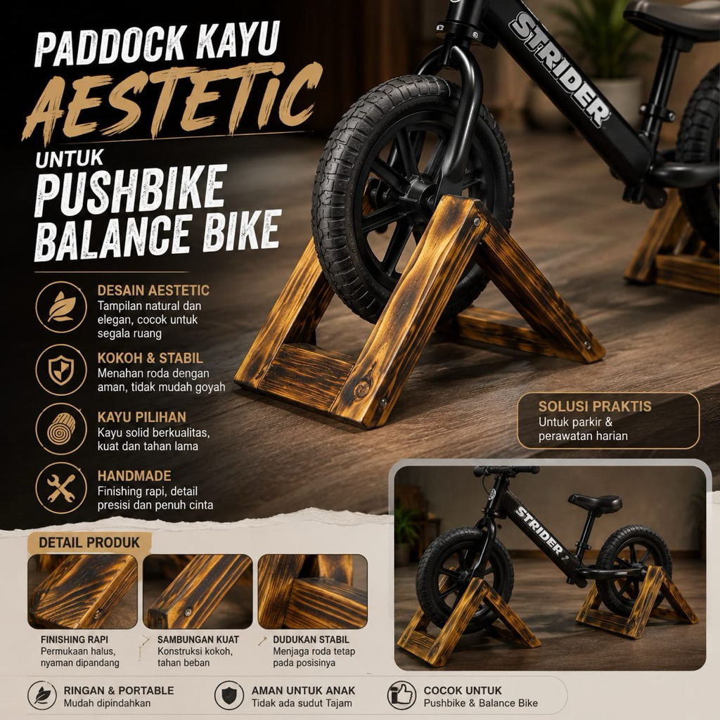 Paddock pushbike balance bike kayu aestetic standar paddock pushbike stand display aestetic