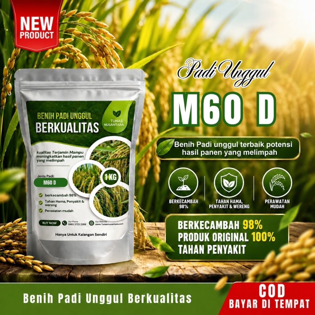 Benih padi unggul M60 D umur panen cepat 60 Hari panen kemasan 1kg original