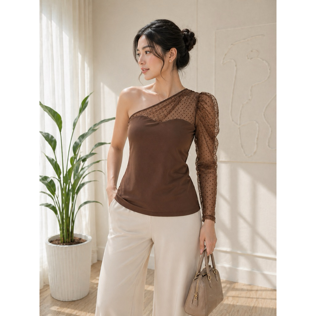 Falisha Atasan Scuba One Shoulder Tile Dot / Atasan Wanita Satu Bahu 008