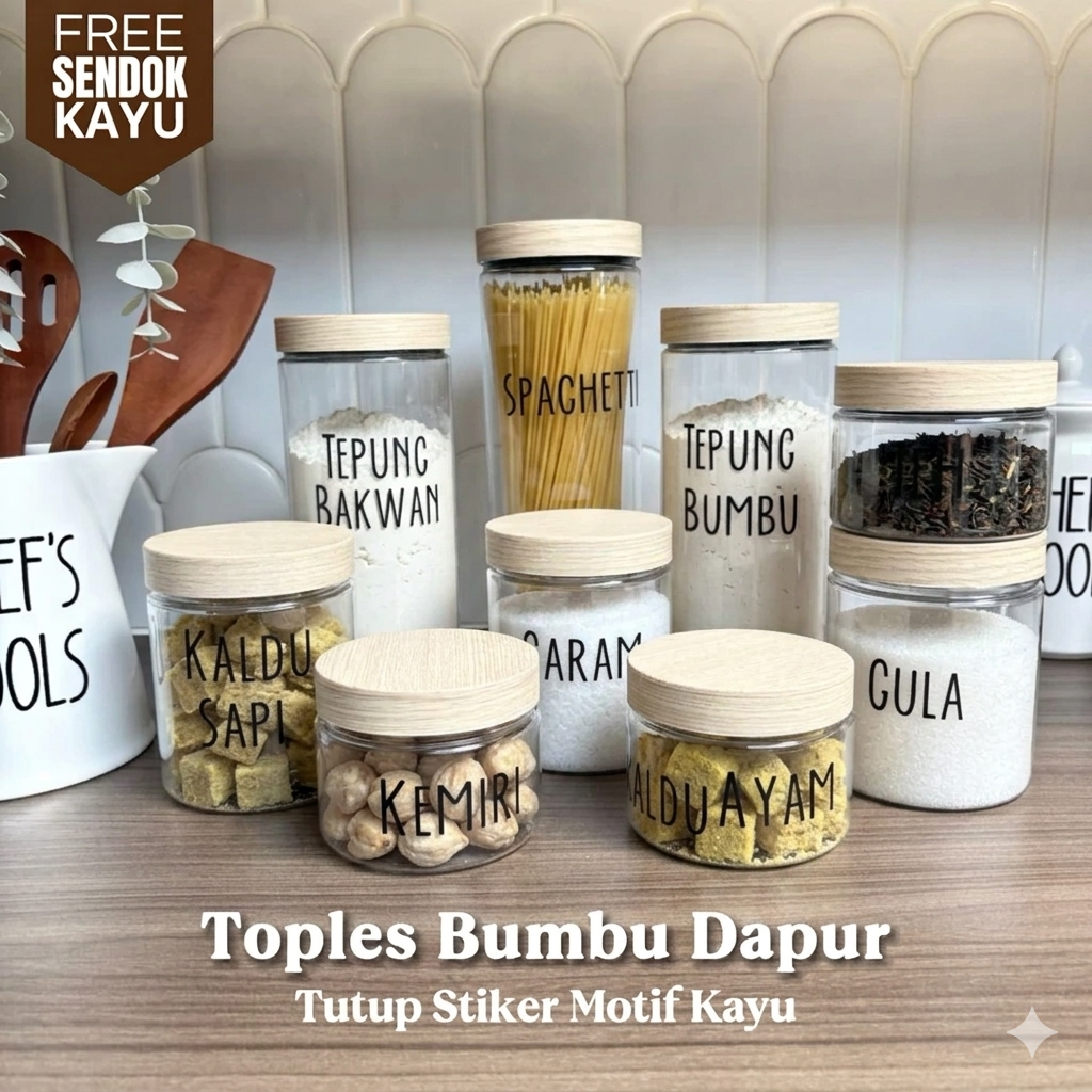 Free Sendok- Toples Refill Bumbu Dapur Tutup Lapis Motif Kayu Free Custom Stiker Cutting