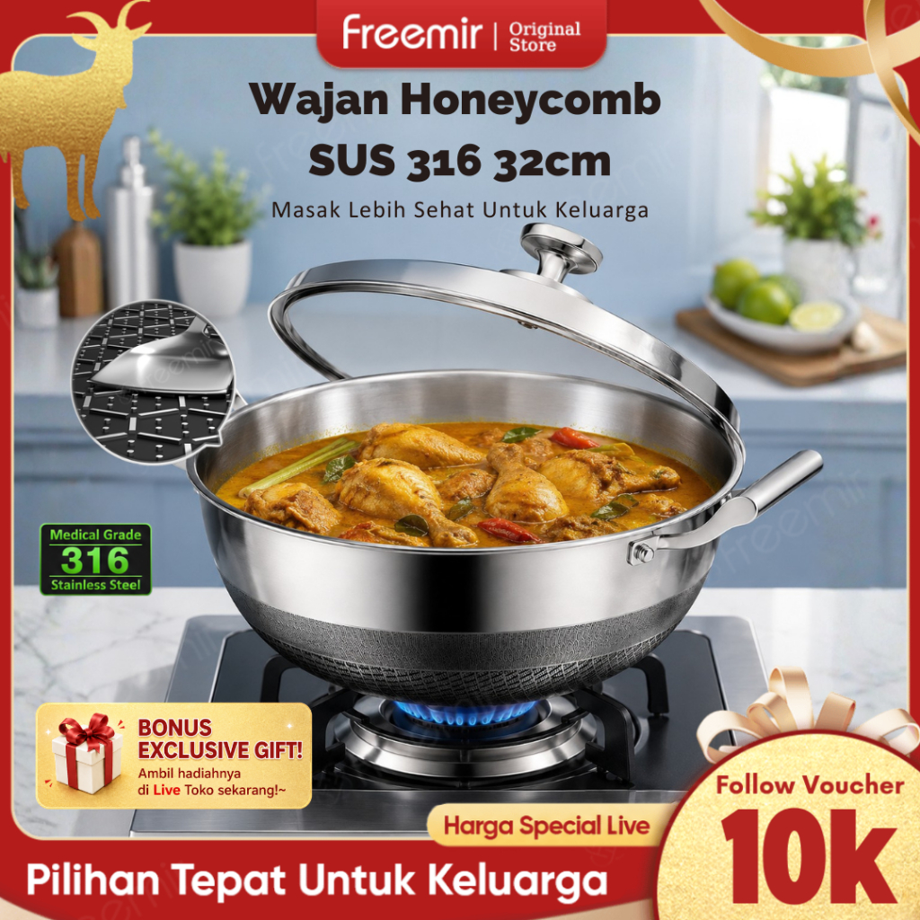 [SPECIAL] freemir Original Stainless 316 Honeycomb Wok Pan 24cm/32cm Tutup Kaca Anti Lengket Premium