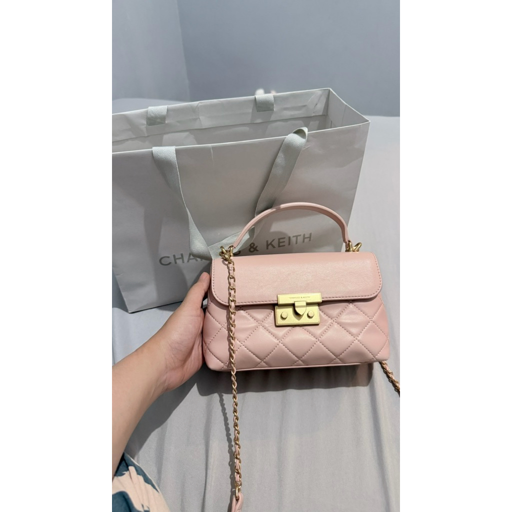 charles&keith alva quilted top handle bag pink