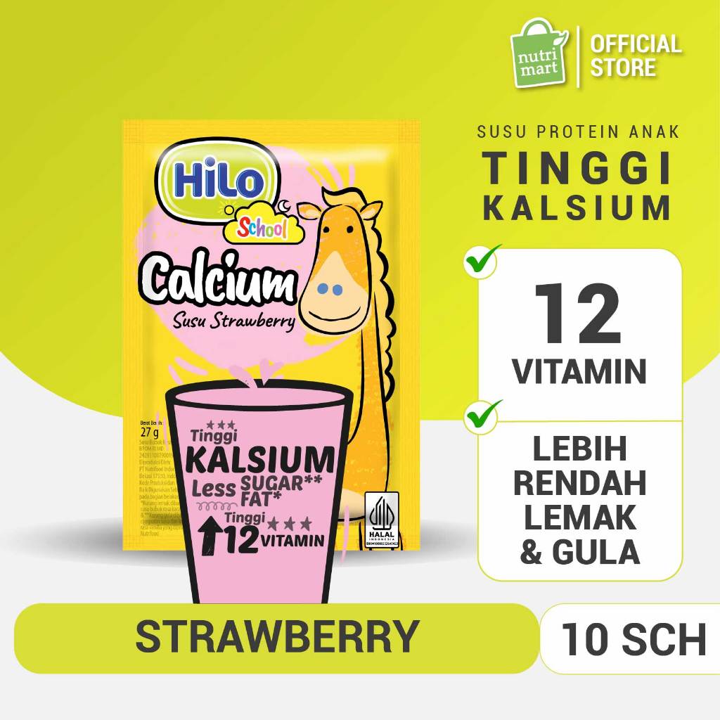 HiLo School Strawberry 10 Sachet - Susu Anak Tinggi Kalsium Protein Lebih Rendah Gula