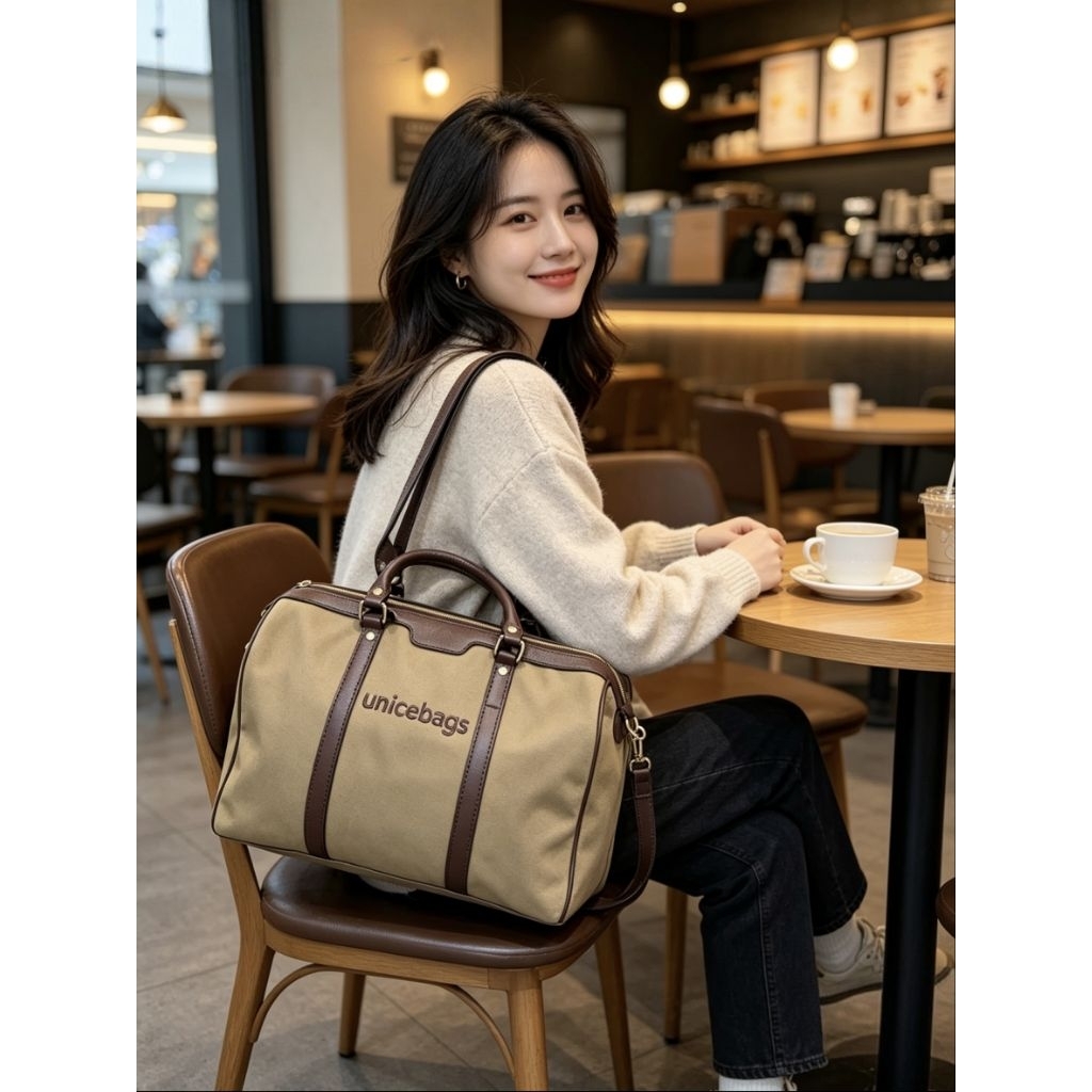 UNICEBAGS - New Boston Speedy Kanvas Warna khaki - Tas Wanita Premium Bisa Jinjing & Selempang