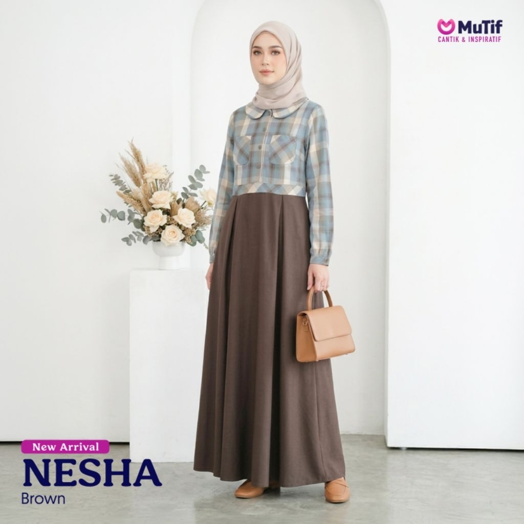 New Arrival Gamis Mutif/Gamis Nesha Rose Brwon/Gamis Mutif Terbaru 2026/Gamis Kotak Kotak