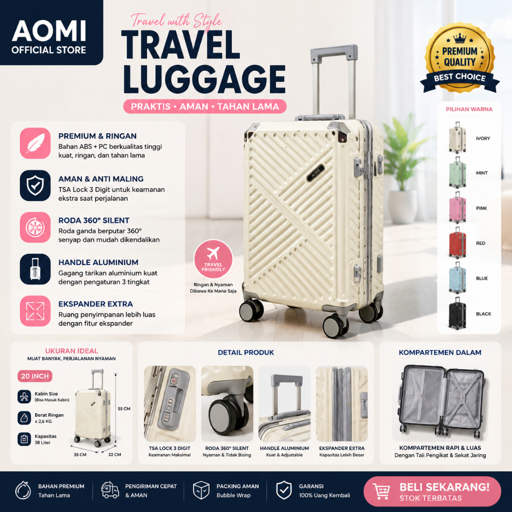 Koper Aluminium AOMI AL-9100 20/24 Inch – Koper Kabin & Bagasi TSA Lock Anti Maling