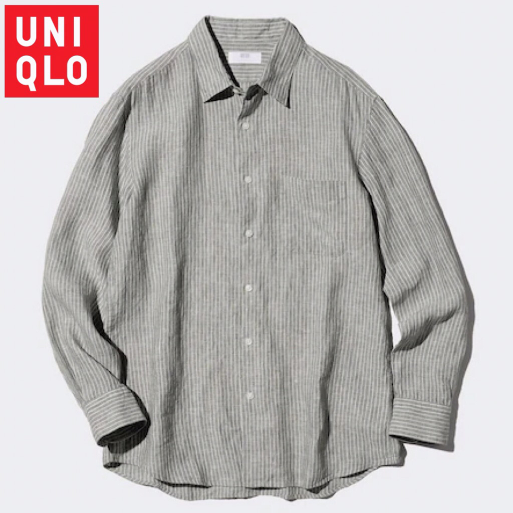 UNIQLO Men Shirt Kemeja Pria Premium Linen Garis Lengan Panjang