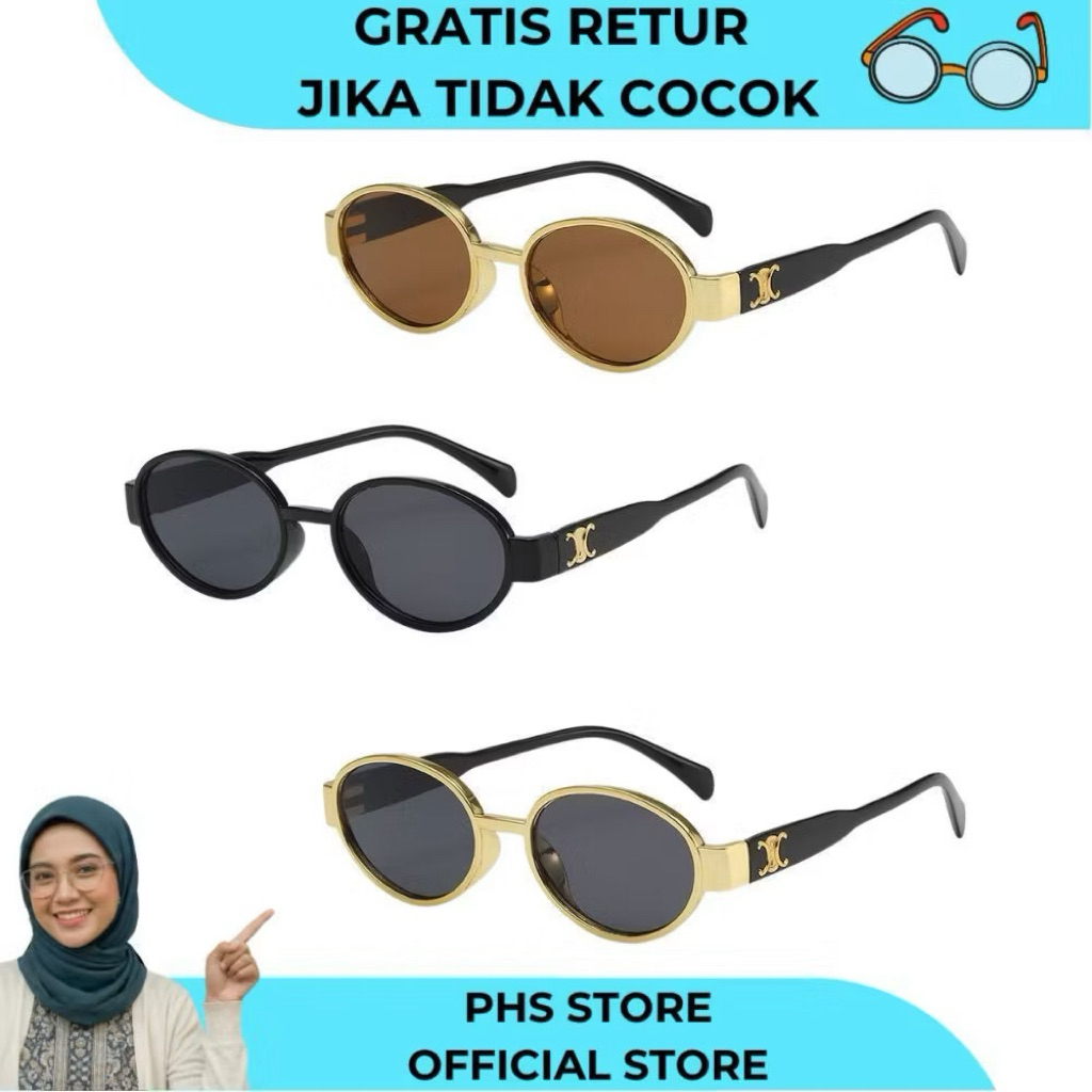 Kacamata Hitam Bulat Wanita Anti UV400 Sunglasses Fashion Frame Double C Logo Accent