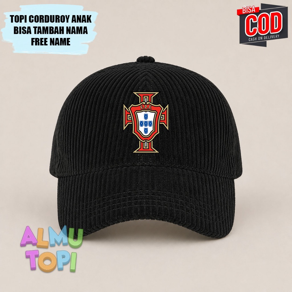 Topi Corduroy Anak Foot Ball Portugal | Topi Anak Unisex Stylish Dan Nyaman