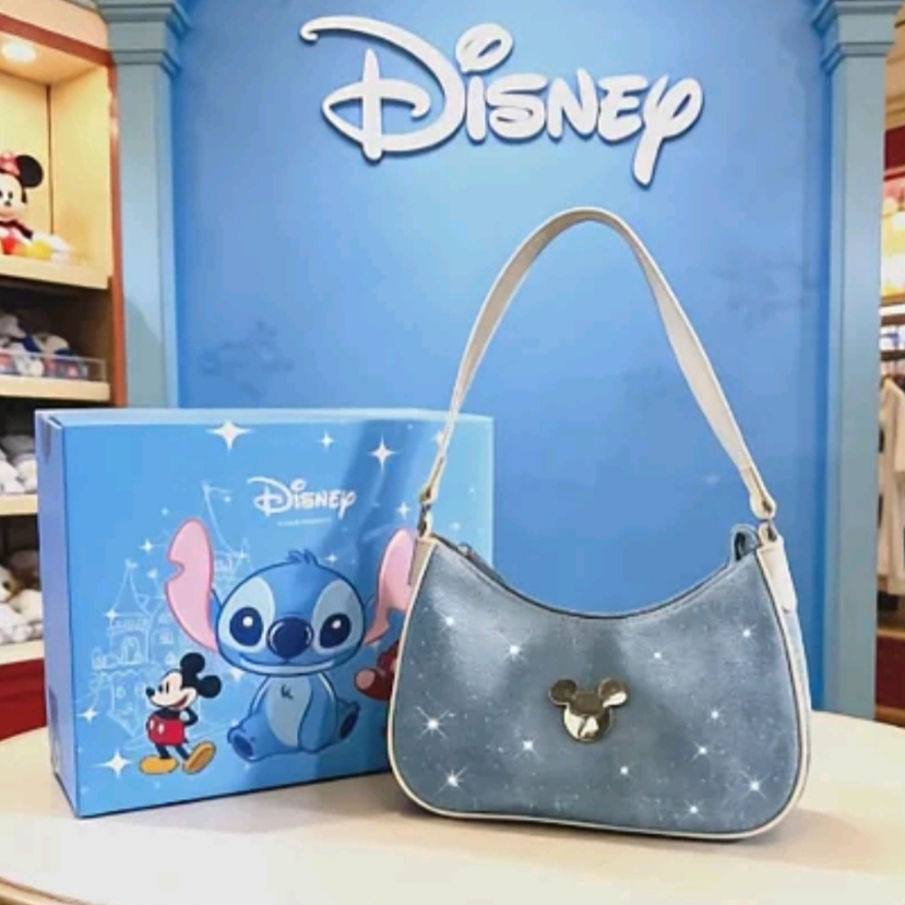 Disney Tas Wanita Mickey Sling Bag Warna Biru 33002 Bahan Denim Jeans Tas Bahu Hand Bag + Free Box