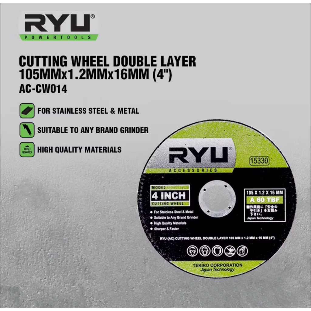 (1KOTAK:20PCS) Batu potong besi RYU (PRODUK TEKIRO) / Cutting wheel 4" x 1.2mm (BERGARANSI)