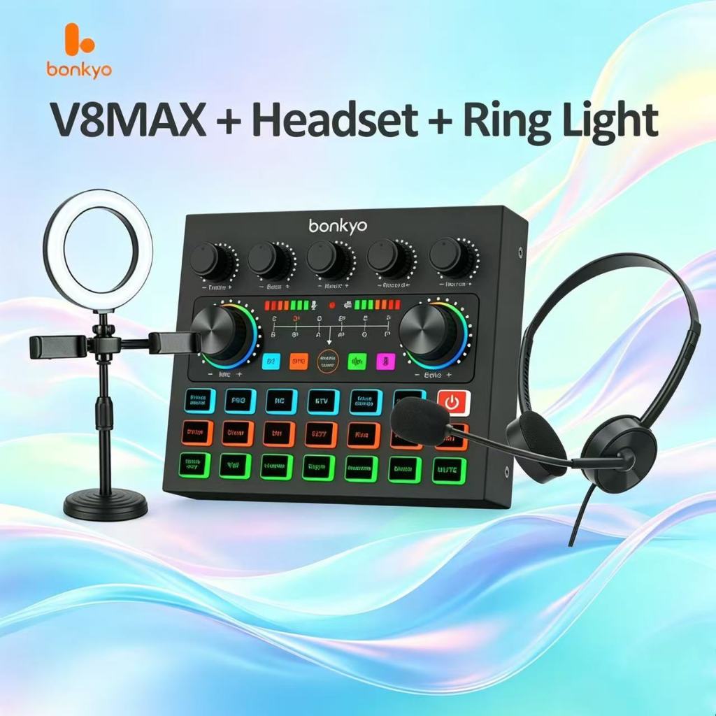 Hi-Net&Bonkyo Paket Audio Live Soundcard V8MAX + Headset Mic SY-442 Nyaman untuk Live Streaming & Ka