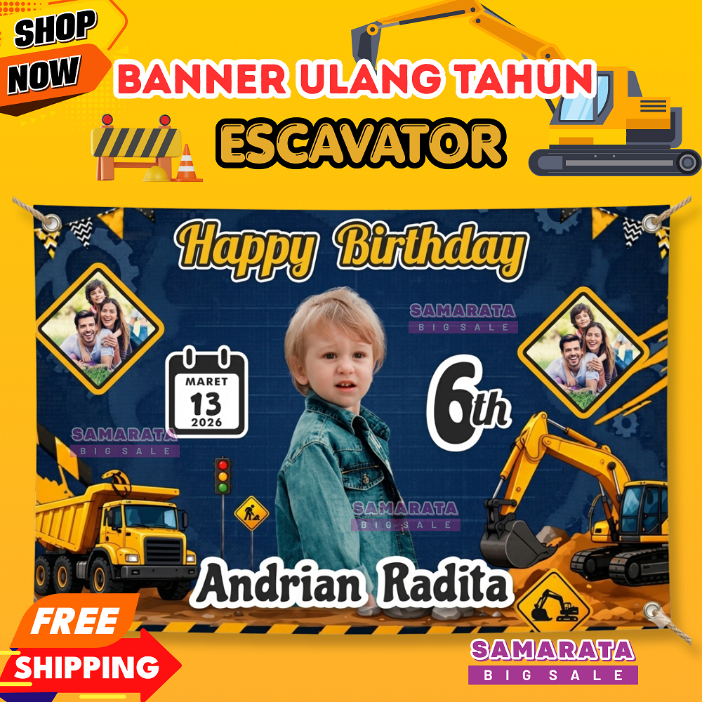 Banner Ulang Tahun Anak Excavator Spanduk Birthday Excavator Custom Foto Anak